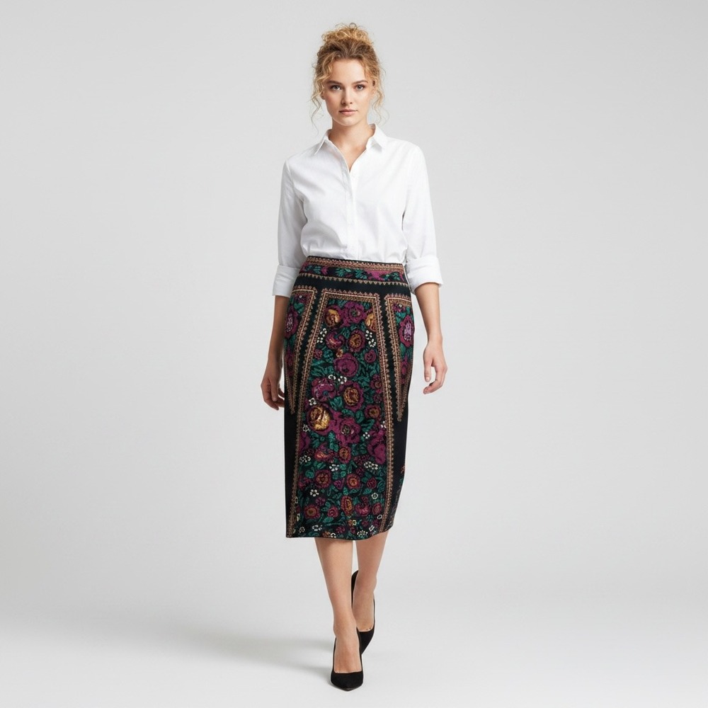 Whimsigoth Tapestry Print Knit Pencil Warm Midi Skirt Folk Boho Border Floral L
